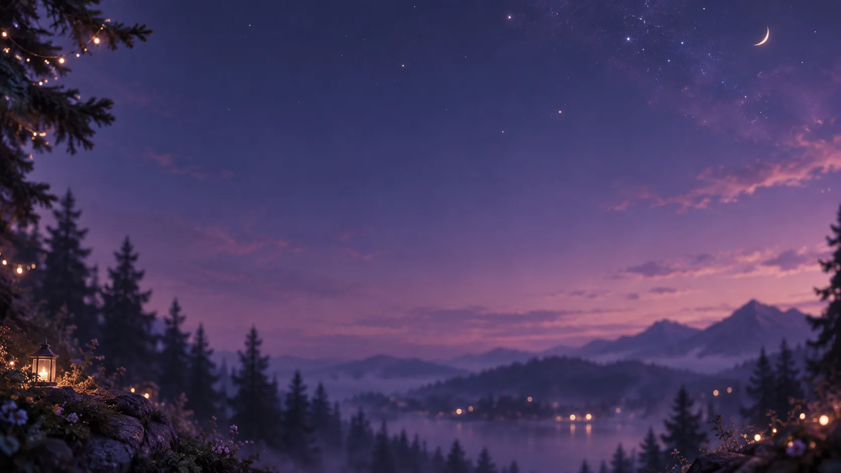 A quiet lake at dusk with lanterns