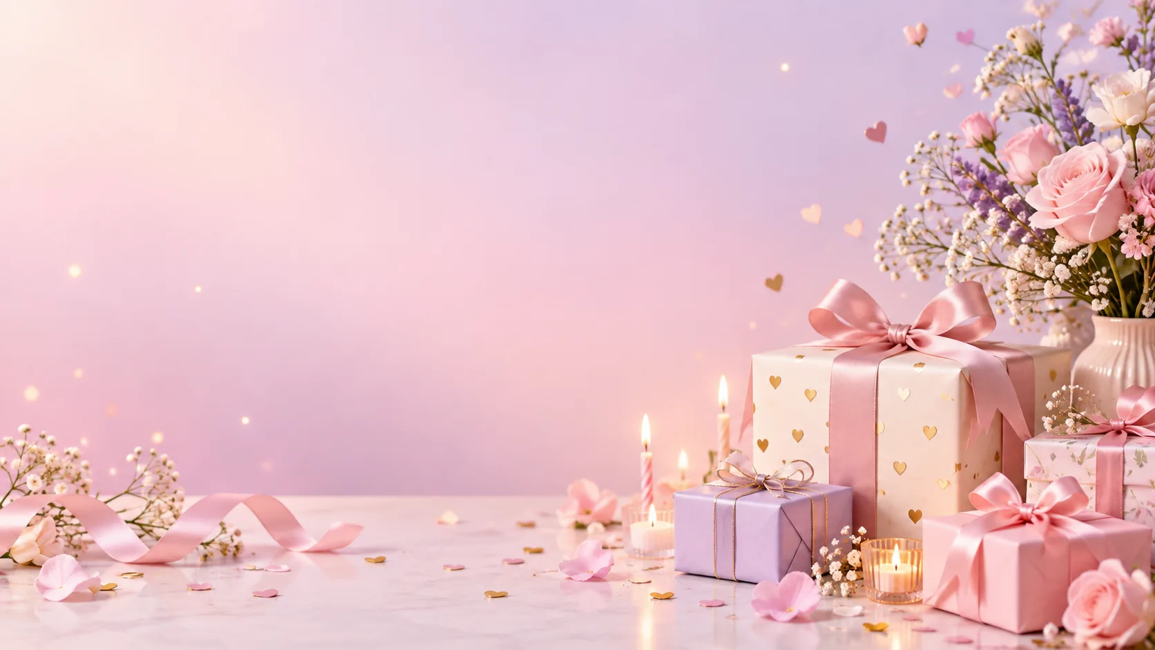 Wrapped gifts with flowers and candles