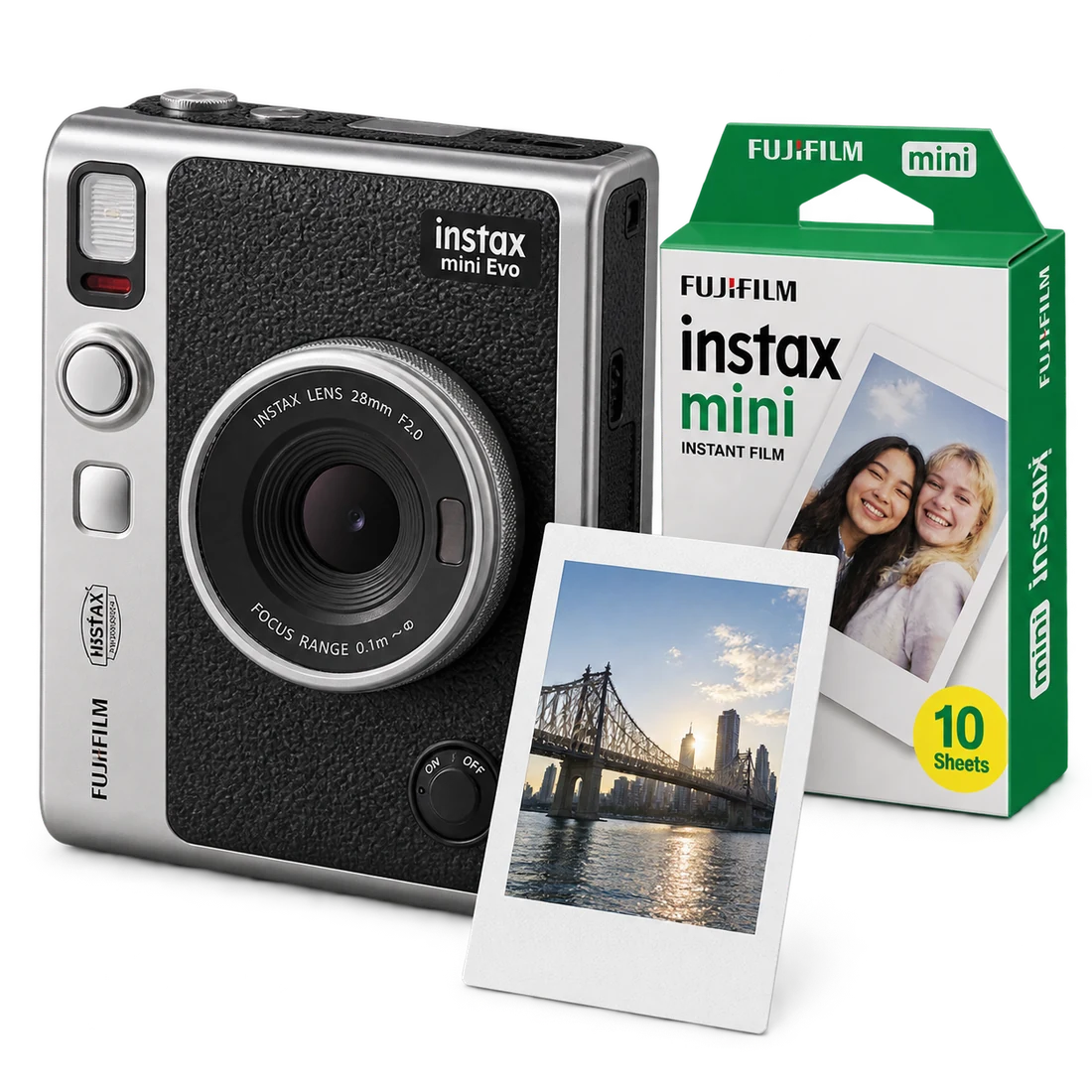 An instant camera with film