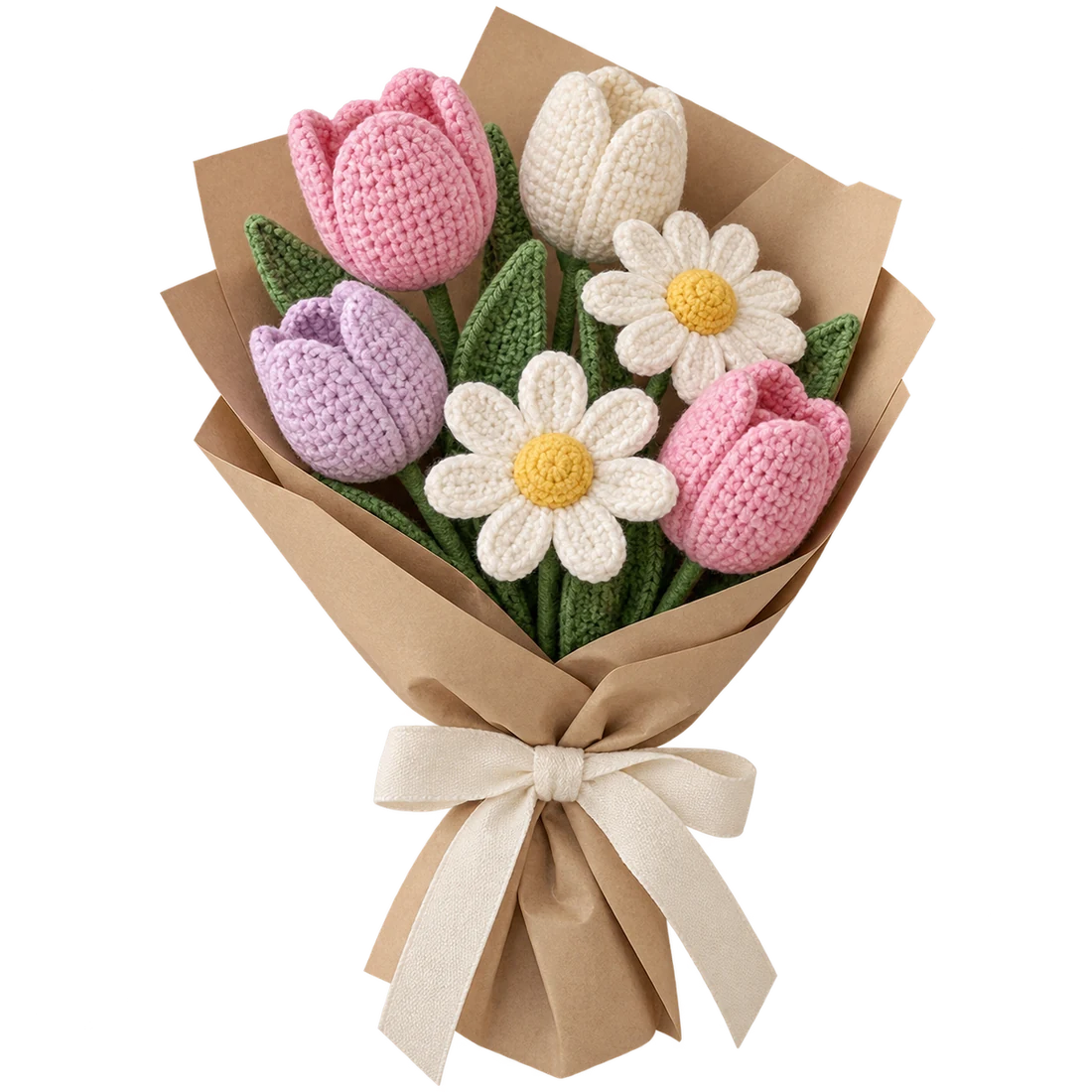 A bouquet of knitted flowers