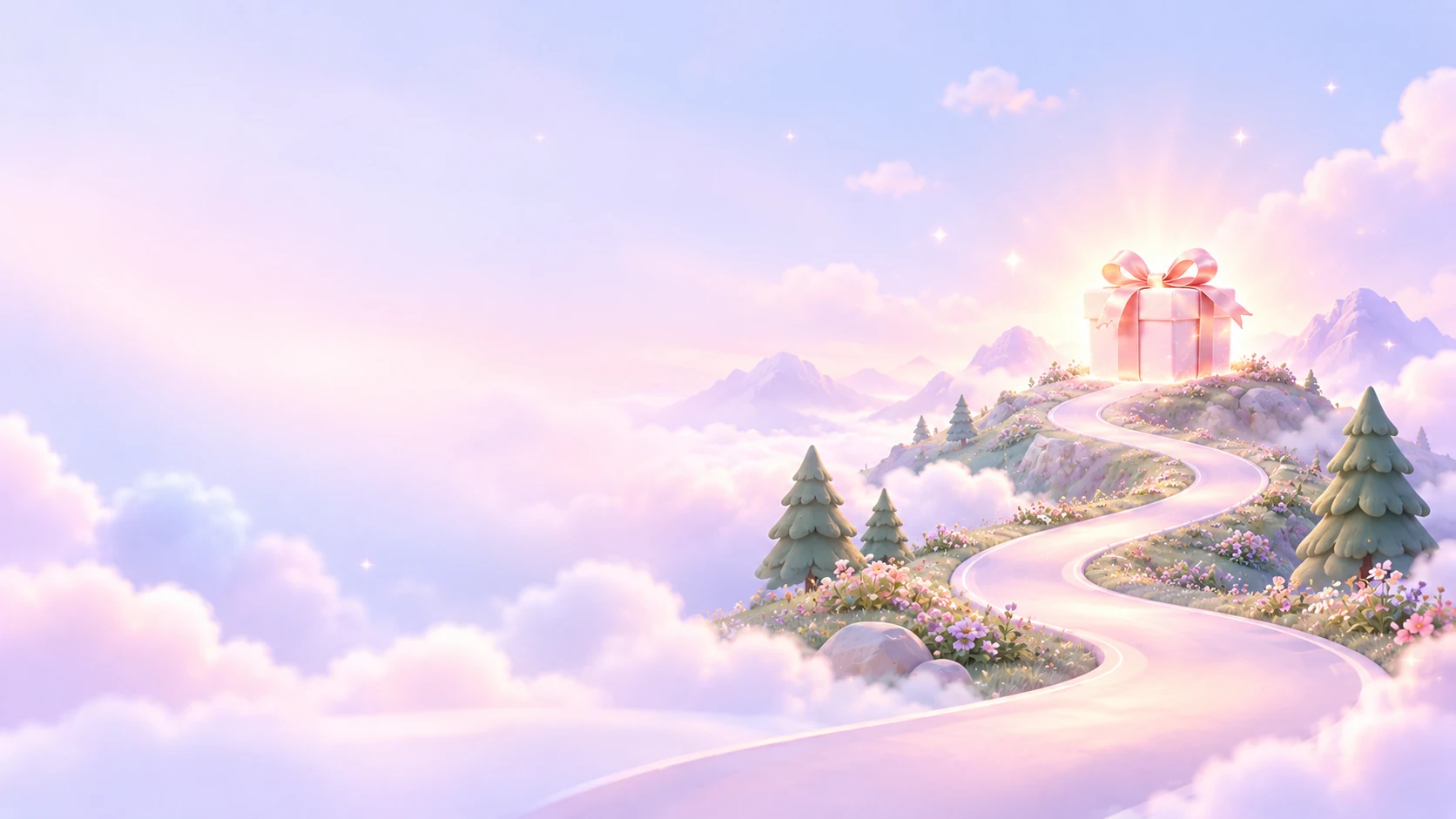 A winding path through clouds toward a gift